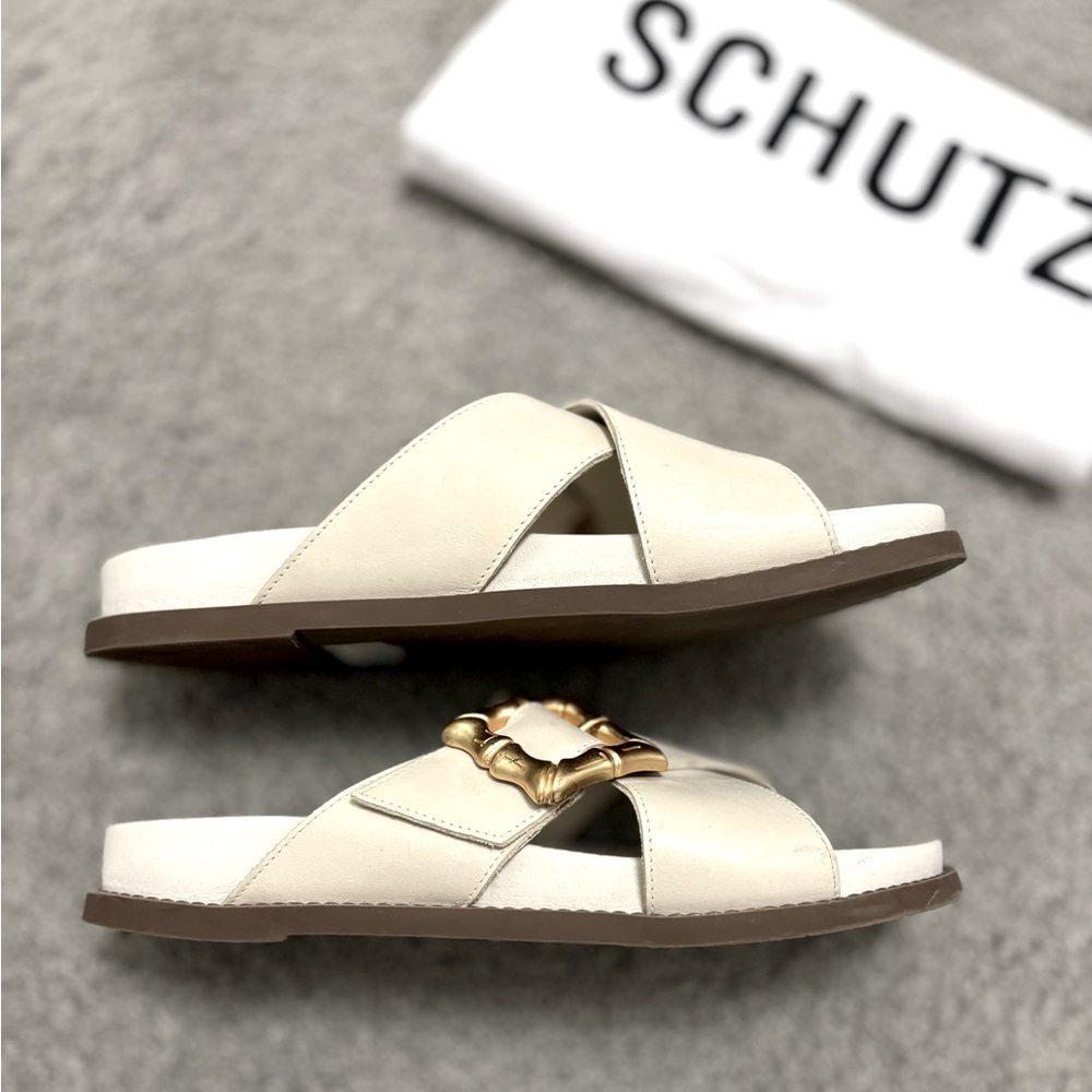 Schutz Enola Crisscross Buckle Leather Sandals White Gold buckle slides Size 7.5 - Picture 6 of 11